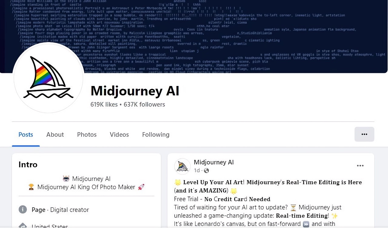 2024年3月にFacebookから削除された、画像生成AI「Midjourney AI」の偽Facebookページ。提供：Bitdefender