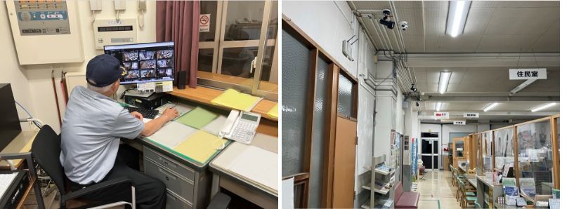 海山総合支所にてシステムを操作する役場職員の様子(左)と受付付近の天井へ設置されたカメラ(右)
