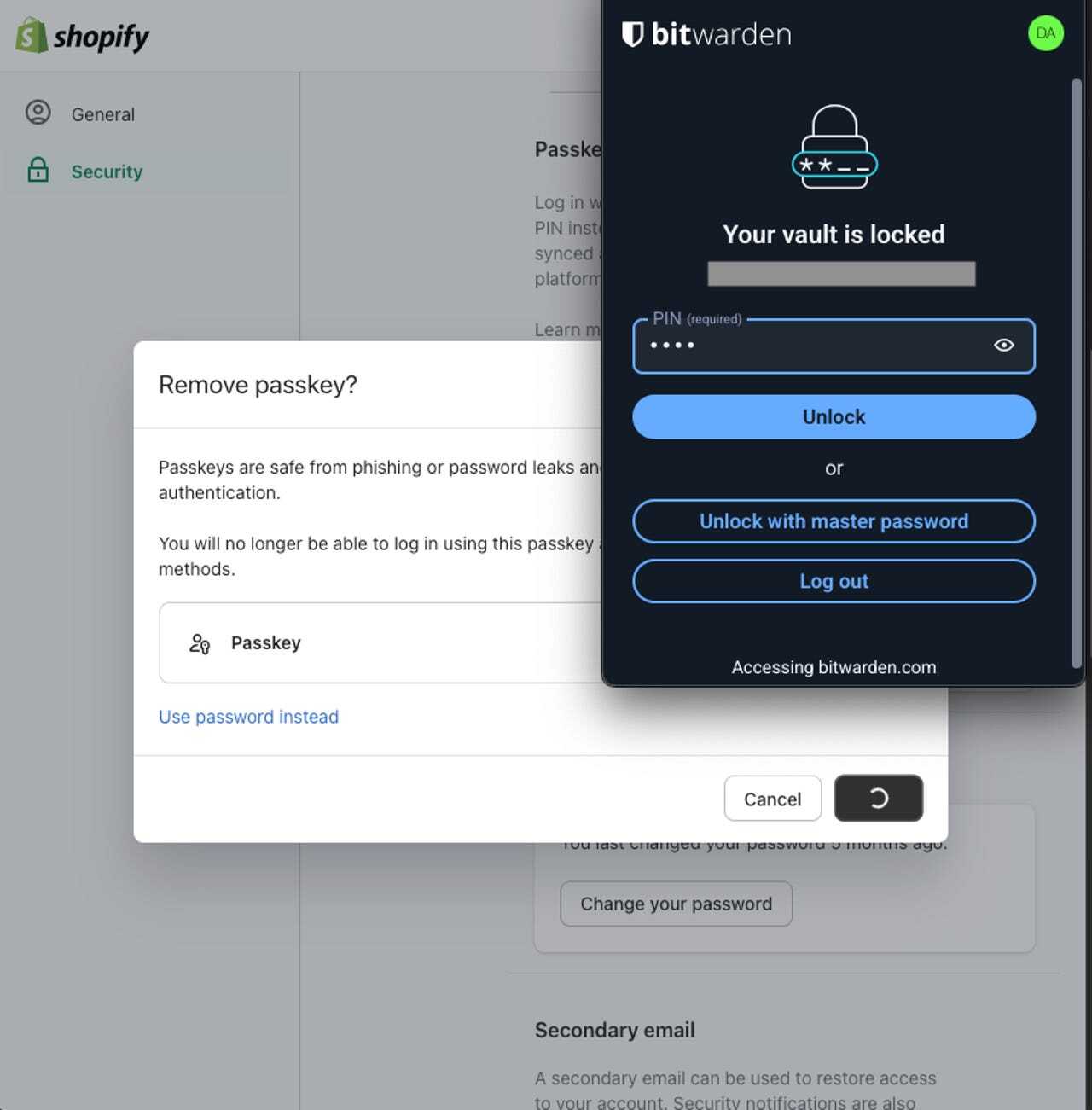 図4:パスキーを削除する目的で再認証を選択すると、ユーザーはパスキー認証セレモニーを実行する必要がある。このセレモニーには、PINコード、生体認証、または指紋認証によってオーセンティケーター(ここではBitwardenだが、他のパスワードマネージャーでも構わない)のロックを解除する工程が含まれる(提供:Screenshot by David Berlind/ZDNET)