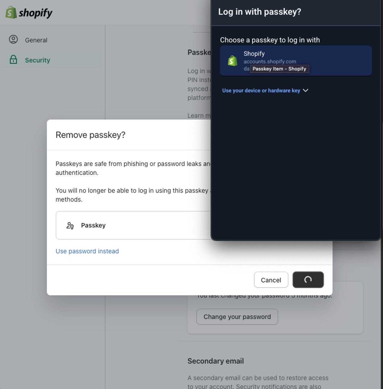 図5:パスキー認証セレモニーの一環として、オーセンティケーター(Bitwarden)は使用可能なパスキーの選択肢を提示する。上記では、Shopify.comに対して記録されている唯一のパスキーが表示されている(提供:Screenshot by David Berlind/ZDNET)