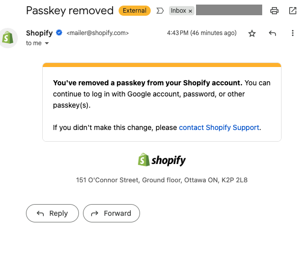 図7:Shopifyのシステムからパスキーの記録が削除されると、Shopifyユーザーには削除の確認メールが送信される(提供:Screenshot by David Berlind/ZDNET)