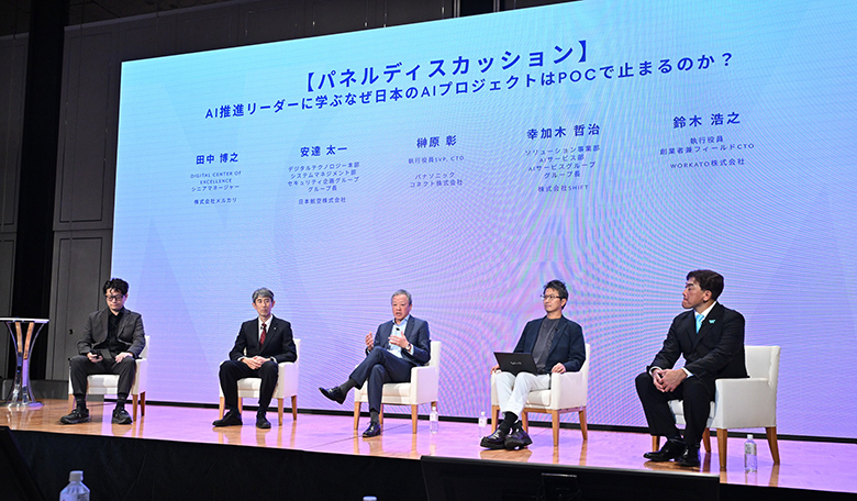 （左から）メルカリ Digital Center of Excellence・シニアマネージャー 田中博之氏、日本航空 デジタルテクノロジー本部/システムマネジメント部/セキュリティ企画グループ/グループ長 安達太一氏、パナソニック コネクト株式会社 執行役員SVP, CTO 榊原彰氏、SHIFT ソリューション事業部 AIサービス部 AIサービスグループ グループ長 幸加木哲治氏、Workato株式会社 執行役員・創業者兼フィールドCTO 鈴木浩之氏