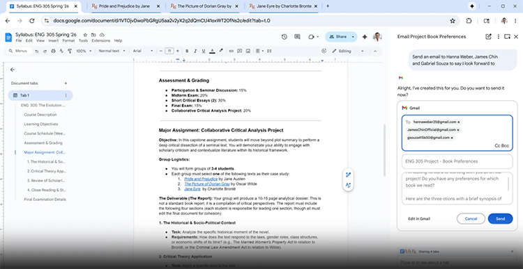 Gmail などのほかの Google アプリと連携することにより、ブラウザのサイドパネルでメールを下書きし送信できる