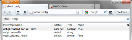 WebGLはデフォルトでは無効になっているので、使用するには設定を変える必要がある