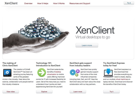 Citrixのサイトの「Try It」のリンクからXenClientをダウンロードできる。またサポートページからリリースノートやユーザーズガイドのPDFファイルをダウンロードできるので忘れずに目を通しておこう。英語だがユーザーフォーラムも用意されている※クリックで拡大画像を表示