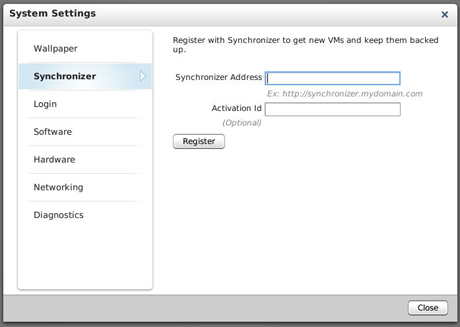 システム設定画面の「Synchronizer」の項目で「Connect with Synchronizer」ボタンをクリック