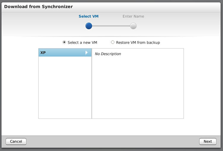 「Download from Synchronizer」画面で保存されている仮想マシンを選択して環境を復元