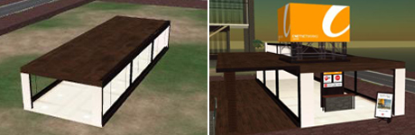 左：床、壁、屋根で、建物の基本構成部分としての箱を作成。右：整備後のオフィス
