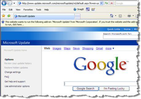 Microsoft Updateのページ内のフレームにGoogleのホームページが表示されている
