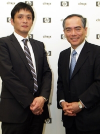 日本ヒューレット・パッカード 執行役員 パーソナルシステムズ事業統括 クライアントソリューション統括本部長の松本光吉氏（左）と、シトリックス・システムズ・ジャパン取締役会長の大古俊輔氏