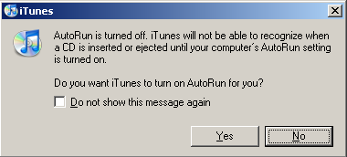 iTunesのメッセージ、AutoRunを有効にしようとしている